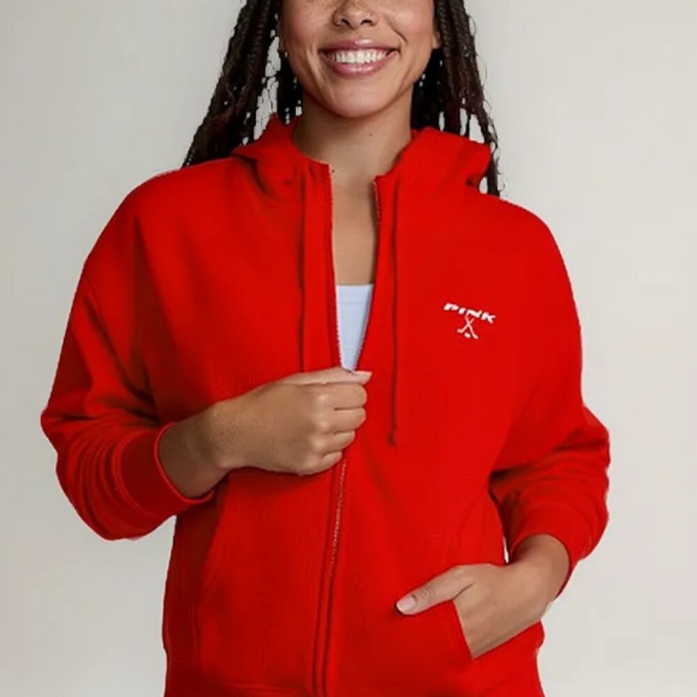 Victoria's Secret PINK Ivy Fleece Campus Full-Zip Hoodie Jacket (Vermillion)